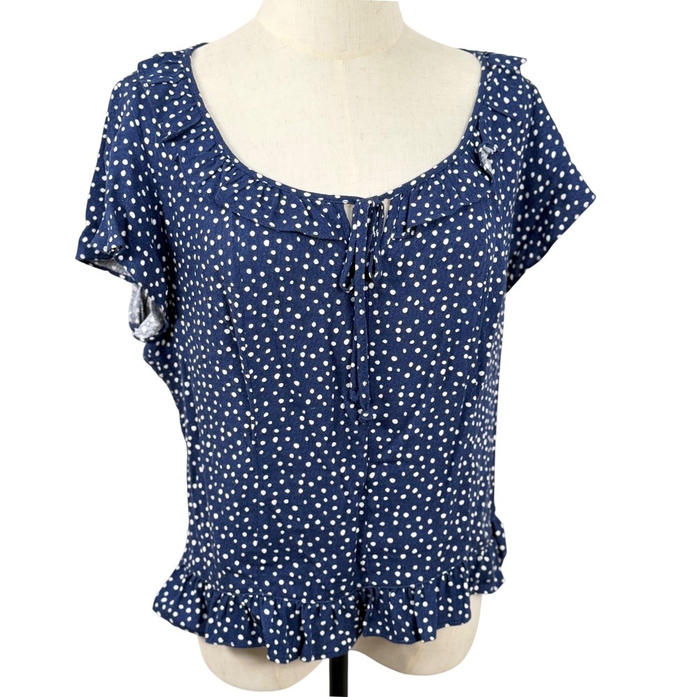 A. Byer Womens XL Blouse Navy Polka Dot Ruffle Smocked Rockabilly Retro Nautical
